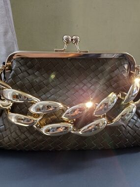 Valentina Fiore Woven Olive Leather Frame Clutch with Gold Accent Chain